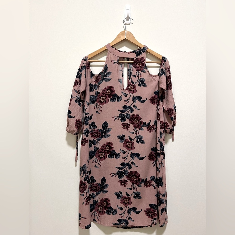 American Eagle Outfitters Pink and Maroon Floral Long Sleeve Cold Shoulder Dress